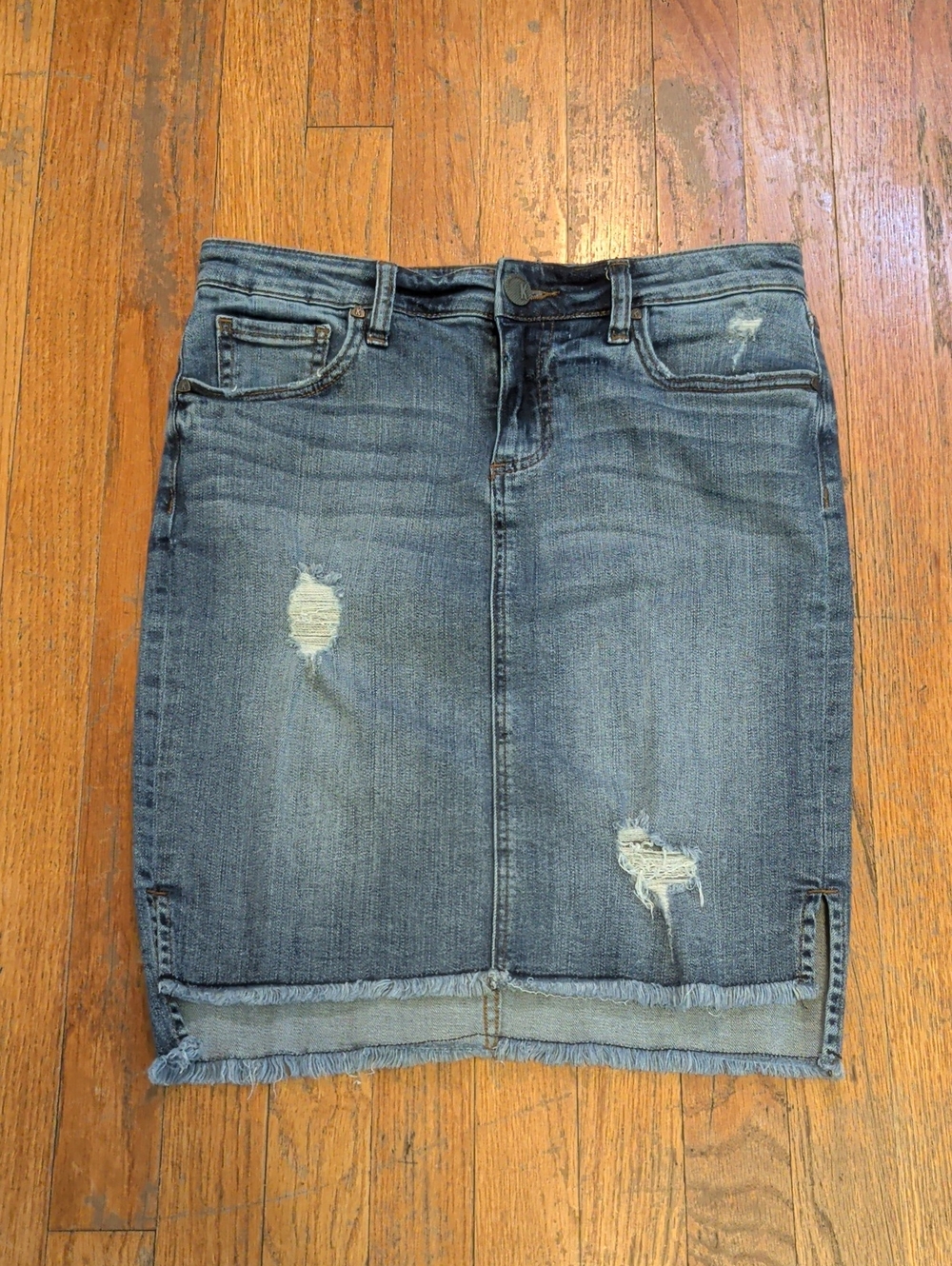 Kut from the Kloth Distressed Denim Pencil Skirt in Blue